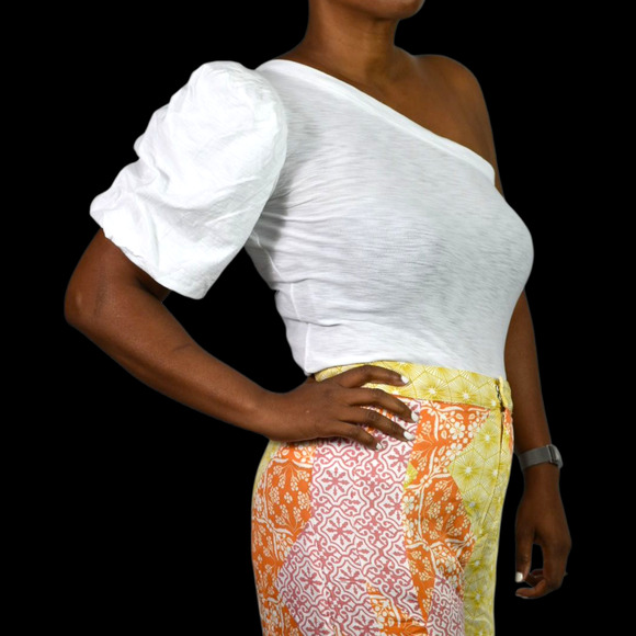 Nation LTD Raina One Shoulder Tee White Balloon Sleeve Pima Cotton T Shirt Small - Picture 9 of 14